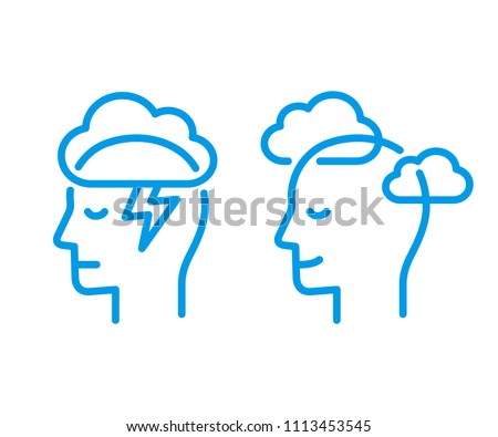 Head profile with storm cloud and clear sky. Mindfulness and stress management in psychology, vector logo illustration. Simple and modern line icon.