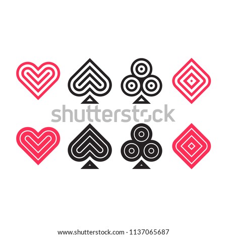 Heart, spade, club and diamond. Playing card suit icons in modern geometric minimal style. Vector cards symbols set.