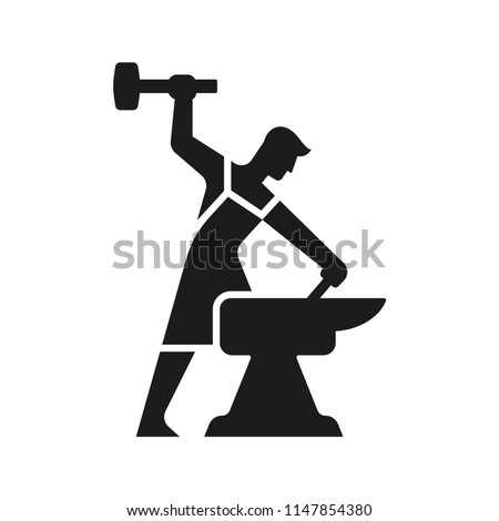 Smithy logo. Stylized blacksmith silhouette working with hammer and anvil. Simple modern vector icon.