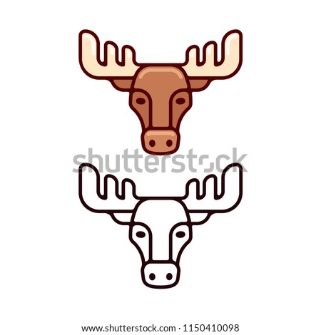 Moose head icon or logo in simple geometric style. 2 variants: color option and black outline. Flat cartoon vector illustration.