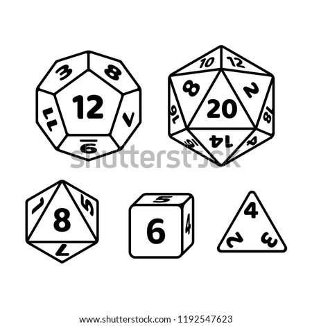 Set of polyhedron dice for fantasy RPG tabletop games. d20, d12, d8 and cube with numbers on sides. Black and white vector icons.