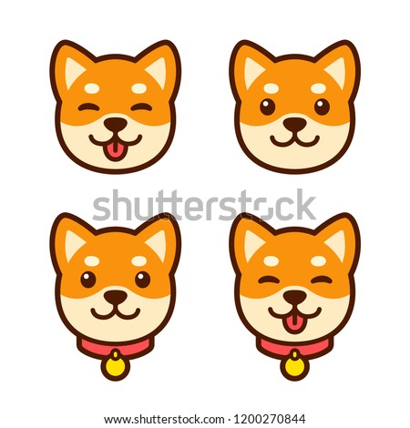 Cute cartoon Shiba Inu puppy face set for icon or logo. Happy dog with tongue sticking out, simple vector illustration.