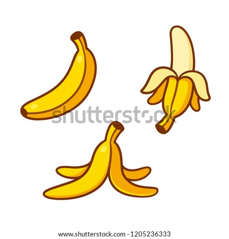 Set of cartoon banana drawings: single, peeled and banana peel on the ground. Vector clip art illustration collection.