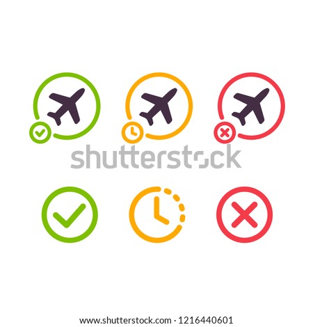 Airport airplane icons. Flight on time, delayed and cancelled. Isolated illustration set.