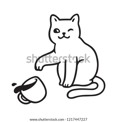 Cute mischievous cat throwing tea cup off table. Funny cats breaking things comic illustration, cartoon vector drawing.