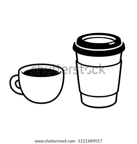 Coffee cups: espresso mug and disposable paper cup. Simple black and white drawing, isolated vector illustration.