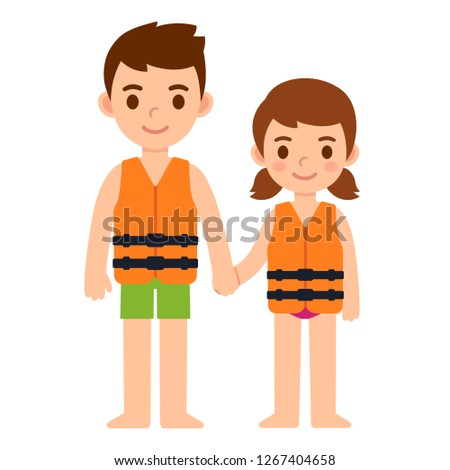 Cute cartoon kids, little boy and girl, in life vests. Water safety for children vector illustration.