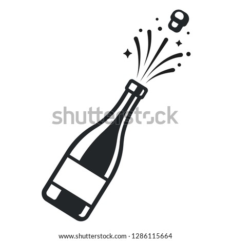 Champagne bottle pop open with cork and sparkles. Elegant black and white logo or icon vector illustration.
