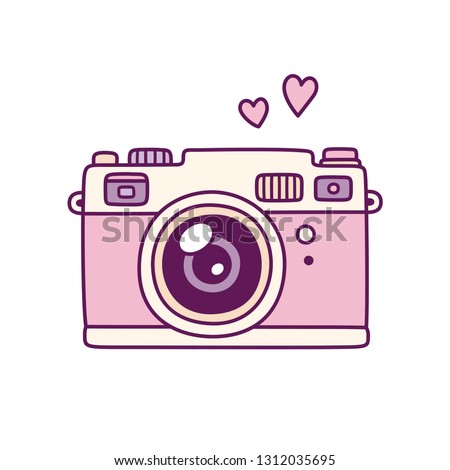 Vintage photo camera, cute pink doodle style drawing with hearts. Retro style film camera vector illustration.
