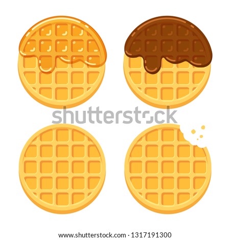 Cartoon round waffles illustration set. Plain, with chocolate and syrup. Traditional breakfast food vector illustration set.