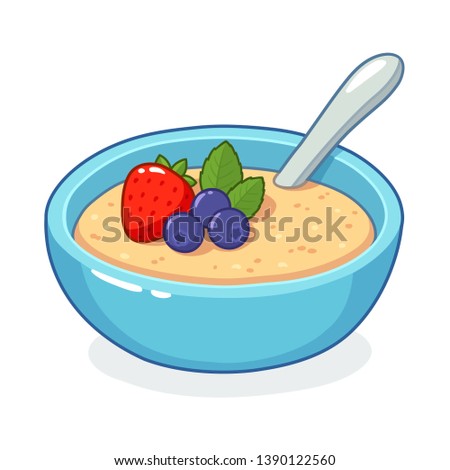 Breakfast oatmeal bowl with berries. Traditional cereal porridge with fruit, vector clip art illustration.