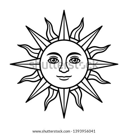Antique sun symbol with face, vintage heraldic emblem. Sun of May, Inca god Inti, from Argentina and Uruguay national flag. Black and white drawing, isolated vector illustration.