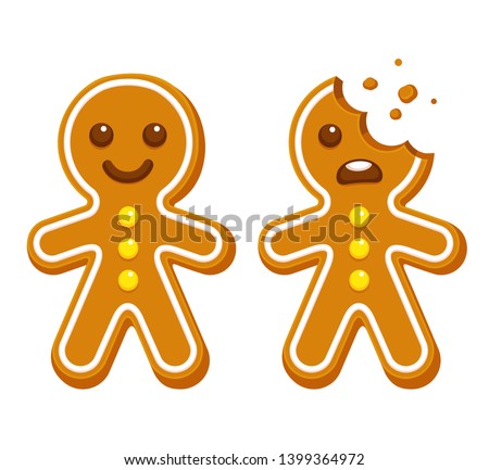 Cartoon gingerbread man whole and with head bite. Funny Christmas cookie vector illustration.