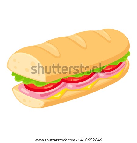 Sub style sandwich with ham, cheese, tomato and lettuce. Traditional deli sub vector clip art illustration.