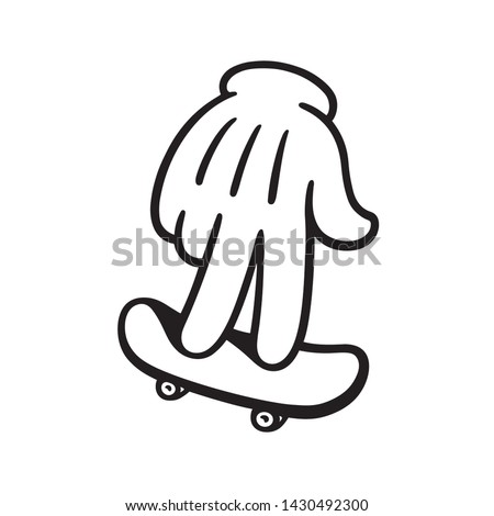 Cartoon style hand with fingerboard, skateboard for fingers. Black and white drawing of little toy board. 商業照片 © 