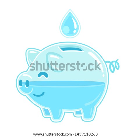 Save water concept. Cartoon transparent piggy bank filled with drop of water. Vector clip art illustration isolated on white background.