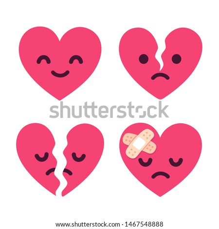 Cartoon broken heart fixed with bandage. Cute sad face character set, breakup and heartbreak vector illustration.