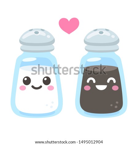 Cute cartoon salt and pepper shaker couple with smiling faces. Kawaii characters drawing, vector clip art illustration.