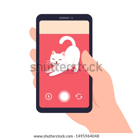 Hand holding smartphone recording cat video. Making live video for social media feed. Vector clip art illustration.