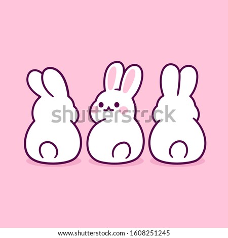 Cute cartoon white rabbits sitting from back view, simple drawing. Kawaii bunny butts vector clip art illustration.