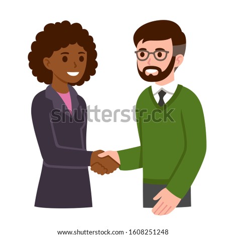 Black business woman and white man with beard and glasses shaking hands. People in corporate meeting, workplace communication, job interview. Modern cartoon style vector clip art illustration.