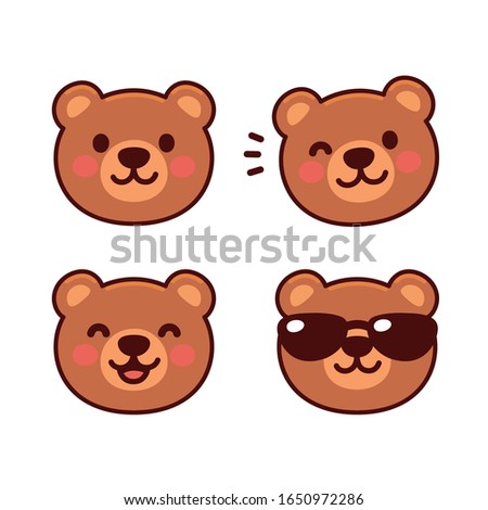 Cute cartoon bear face set, mascot icon, emoji sticker design. Happy teddy bear smiling, winking, wearing sunglasses. Simple vector illustration.