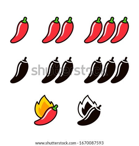 Hot chili peppers icon set in color and black and white. Three levels of spicyness, extra hot with fire flame. Simple and cute cartoon vector clip art illustration.