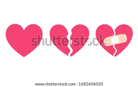 Cartoon heart set, broken heart and crack fixed with bandage. Breakup and heartbreak symbol. Simple flat vector style clip art illustration.