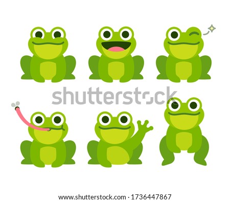 Cute cartoon frog set, animation frames. Adorable little froggy smiling, jumping, croaking, waving and catching fly with tongue. Simple flat style vector illustration.