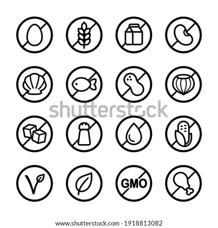 Set of ingredient and diet icons. Common allergens (gluten, dairy, soy, nut and more), sugar, salt and trans fat, vegetarian and organic symbols. Foto stock © 