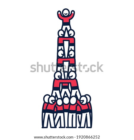 Castell, human tower, Spanish tradition of Catalonia. Simple cartoon people building pyramid with teamwork. Isolated vector clip art illustration.
