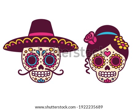 Cartoon Mexican sugar skulls couple for Dia de los Muertos (Day of the Dead). Male skull with mustache and sombrero hat and female with flowers. Cute vector clip art illustration.