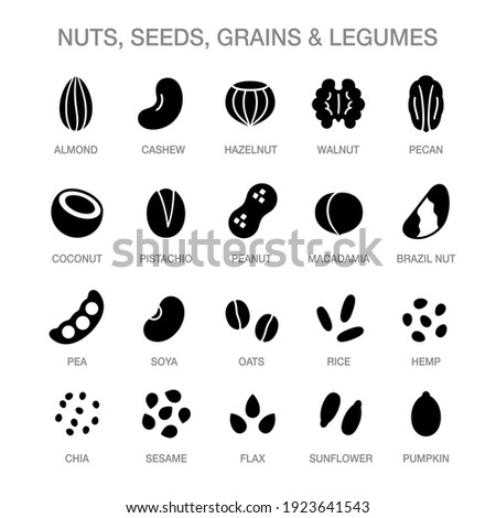 Nuts, seeds, grains and legumes icon set. Solid black cartoon style icons. Plant based diet ingredients, non-dairy milk symbols.