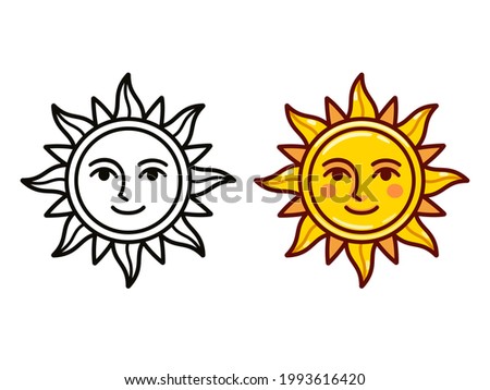 Cartoon sun symbol with face, simple vintage style emblem. Black and white line art and color drawing. Isolated vector illustration.