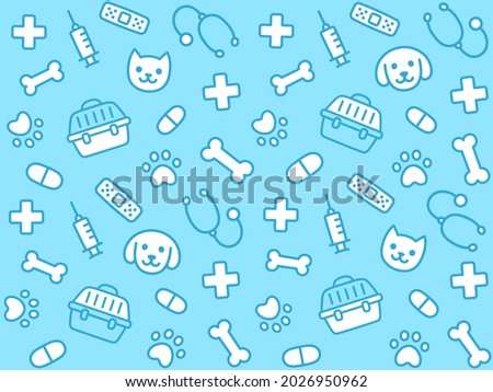 Veterinary clinic cartoon doodle pattern. Cats and dogs, pet healthcare. Seamless blue vector background.