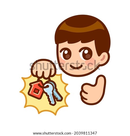 Cartoon anime character holding keys with house shaped keyring and giving thumbs up. New apartment, home ownership. Cute vector illustration. 商業照片 © 