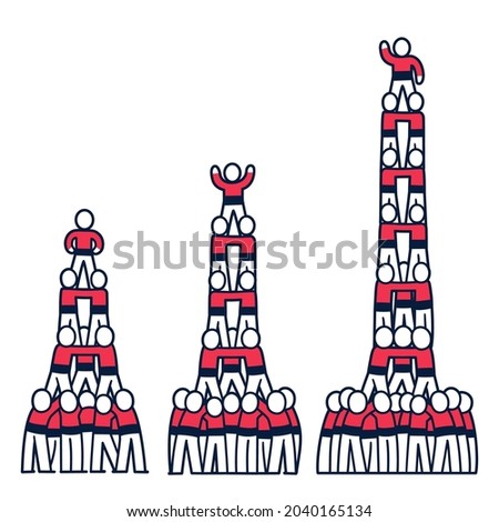 Castell drawing, human tower traditional in Catalonia. Simple cartoon people building pyramid, 3 heights. Isolated vector clip art illustration.