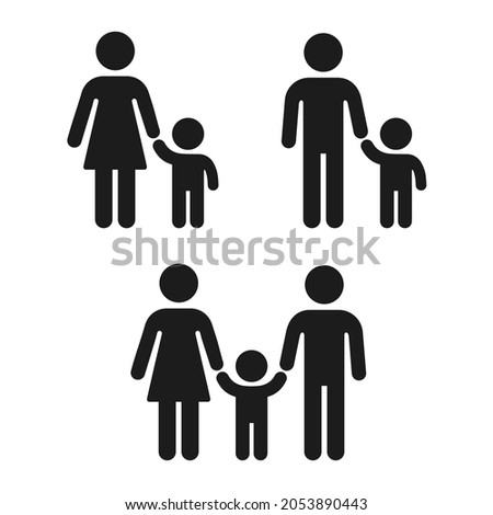 Adult and child holding hand icon, family and single parent. Simple people figure icons, vector symbol set. Imagine de stoc © 