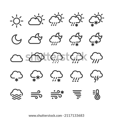 Weather forecast icons set. Clouds, precipitation and weather conditions, day and night. Vector line icon illustration.