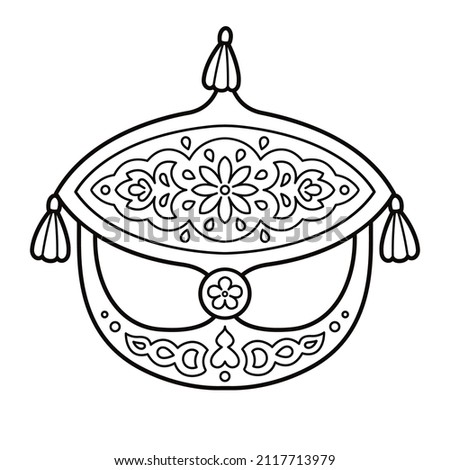 Wau Bulan, traditional Malay moon kite, symbol of Malaysia. Black and white line drawing for coloring. Vector clip art illustration.