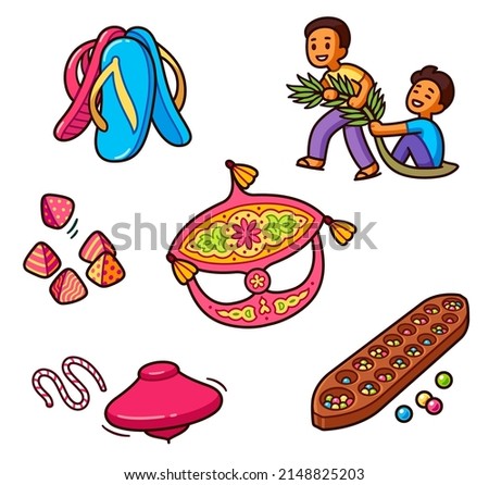 Traditional Malaysian game set. Cartoon drawing of fun games of Malay children. Vector clip art illustration.