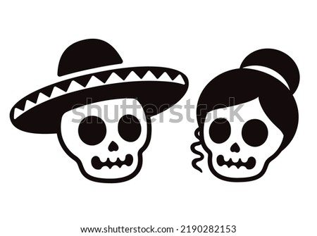 Cartoon Mexican skull couple, male in sombrero and female. Dia de los Muertos (Day of the Dead) or Halloween vector illustration. Simple black and white icon or logo.