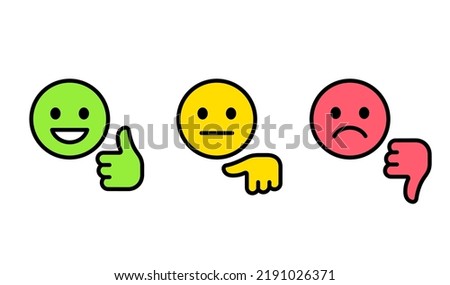 Customer satisfaction color rating scale, smiley face with thumbs up and down. Positive and negative feedback button. Vector icons.