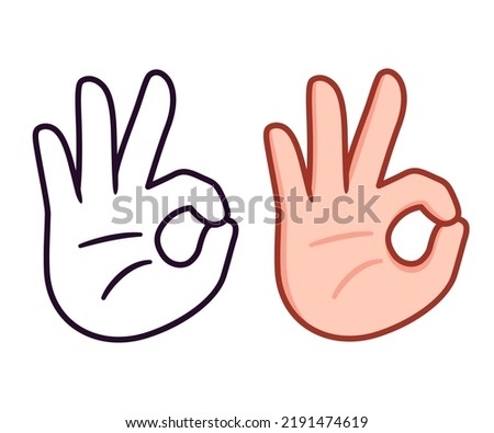 OK hand sign icon. Index finger touching thumb gesture. Black and white line and color. Cartoon drawing, vector illustration.