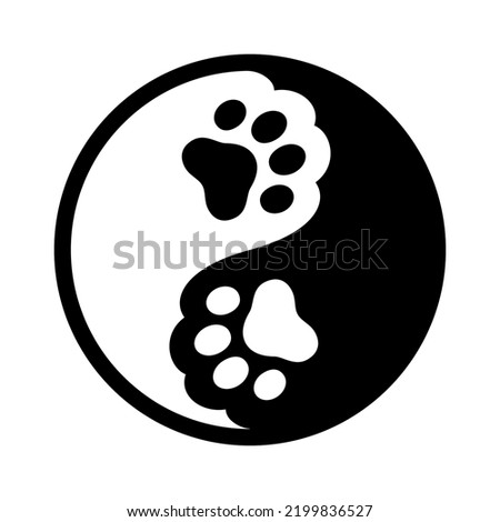 Animal paw yin yang symbol. Cat or dog paw print in black and white circle. Vector design illustration.