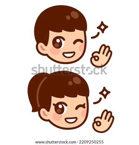 Cute anime boy and girl winking and making OK sign. Simple kawaii face cartoon illustration. 