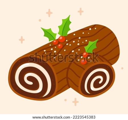 Yule log or Buche de Noel, traditional Christmas cake. Cartoon drawing, vector clip art illustration.