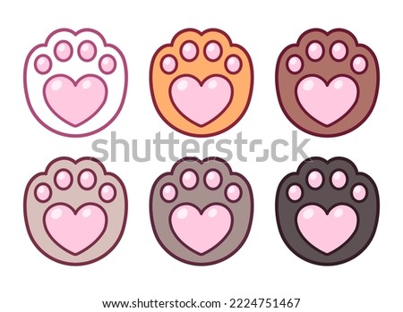 Cartoon heart shaped cat paw prints icon set, different colors. Cute and simple pet love sticker, vector clip art illustration.