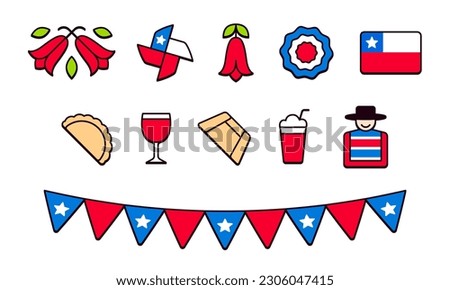 Chile icon set. Traditional Chilean national symbols for Fiestas Patrias (Dieciocho) Independence Day of Chile. Cute and simple cartoon line icons.