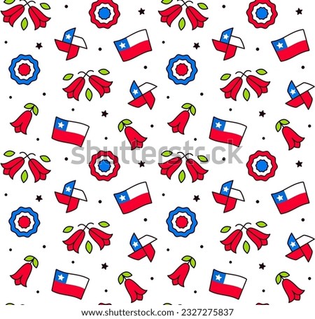Chile icons seamless pattern. Traditional Chilean national symbols for Fiestas Patrias (Dieciocho) Independence Day of Chile. Cute and simple cartoon drawing.